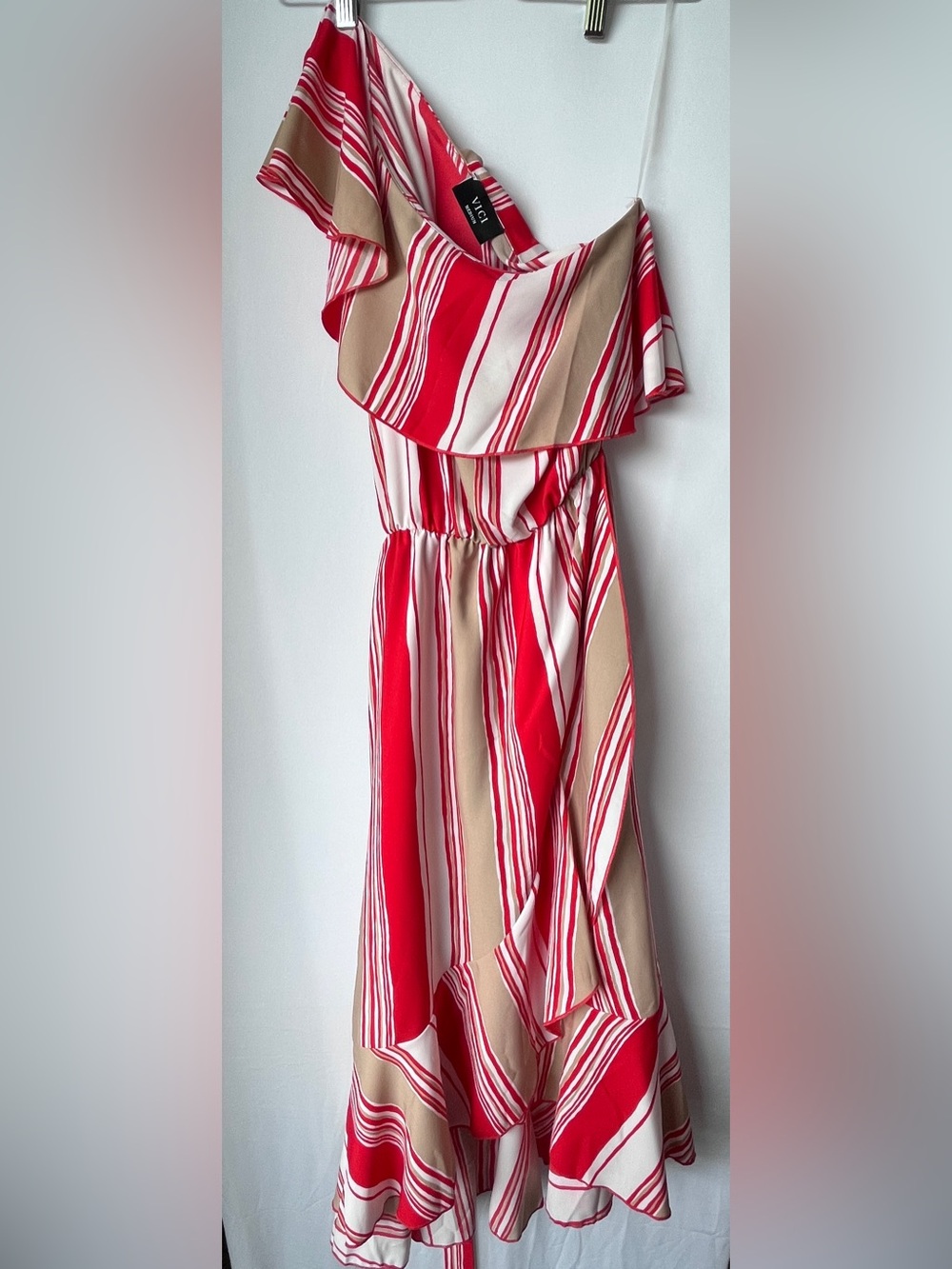Vici Red Cream Tan Striped One-Shoulder Ruffle Dress